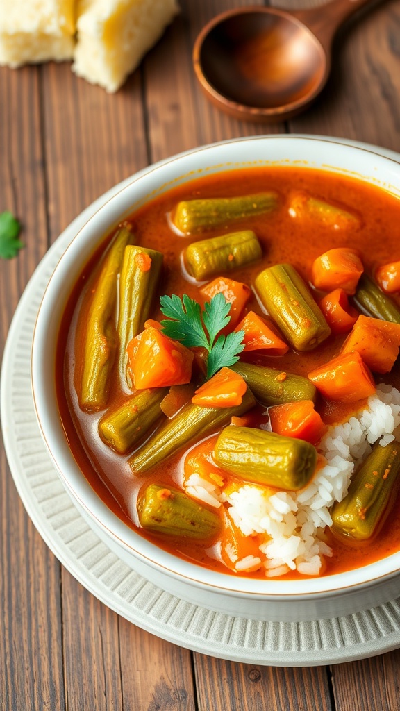 A bowl of sauce gombo with okra and tomatoes over rice, garnished with parsley, on a wooden table with fufu.